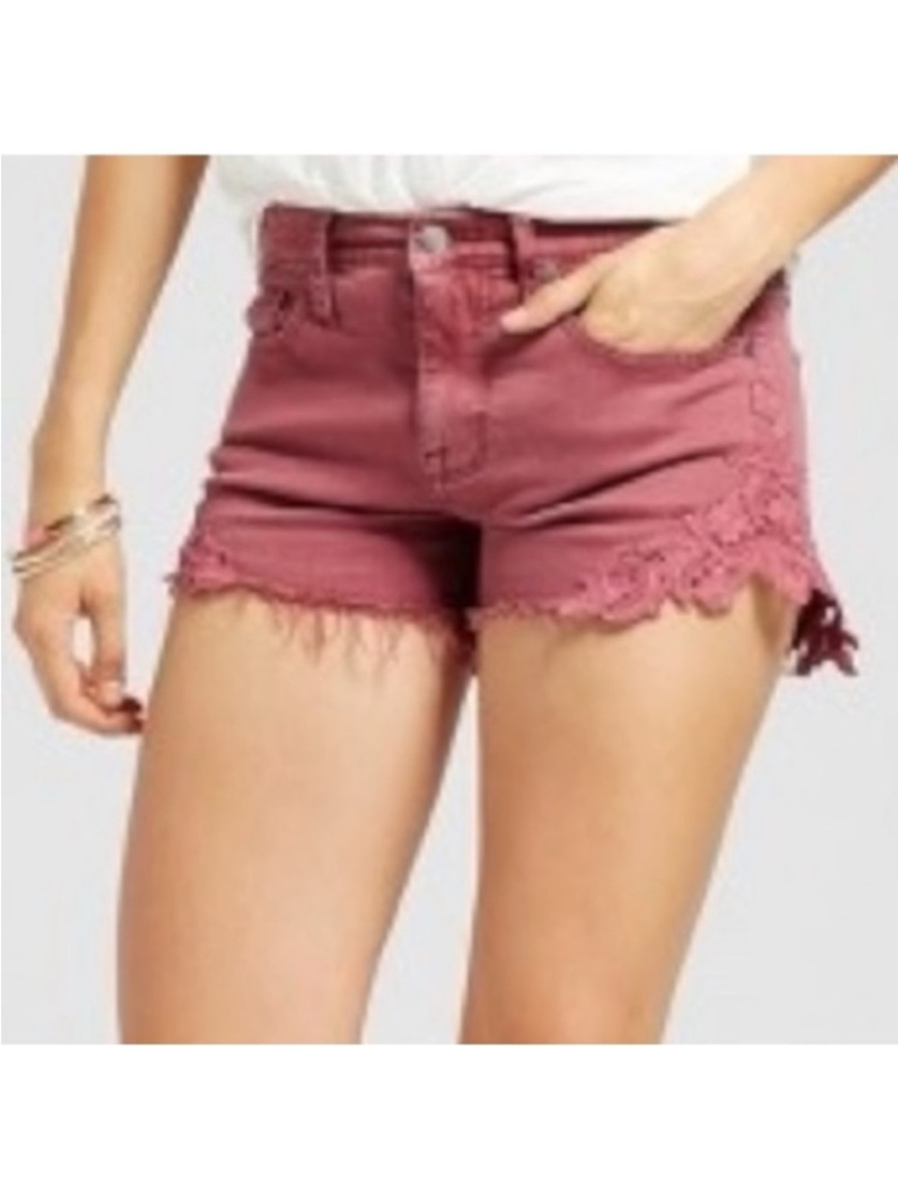Mossimo High Rise Cutout Floral Lace Denim Mini Shorts Stretchy Maroon Size 8/29